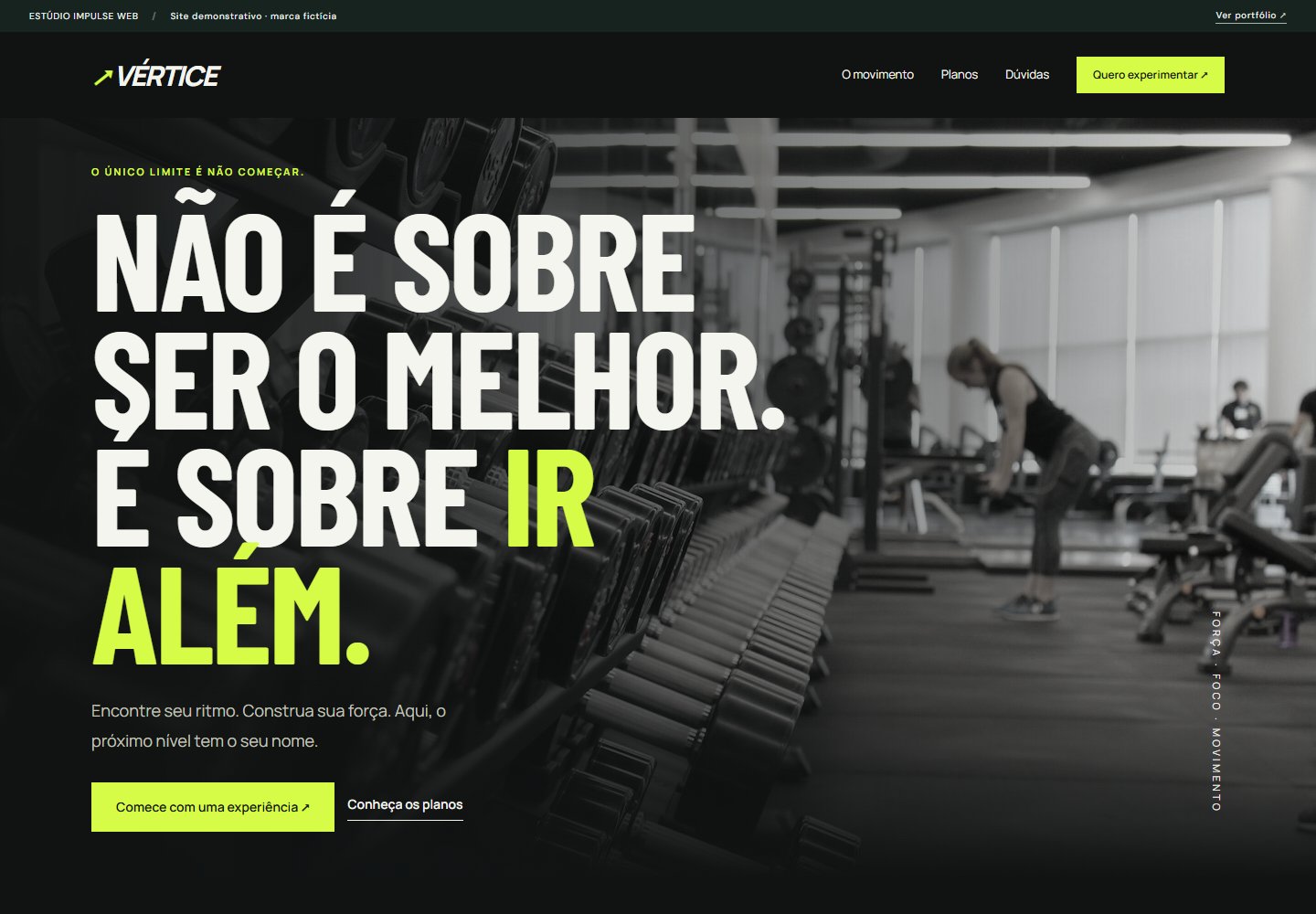 Prévia do site Vértice com tipografia de impacto e fotografia de academia