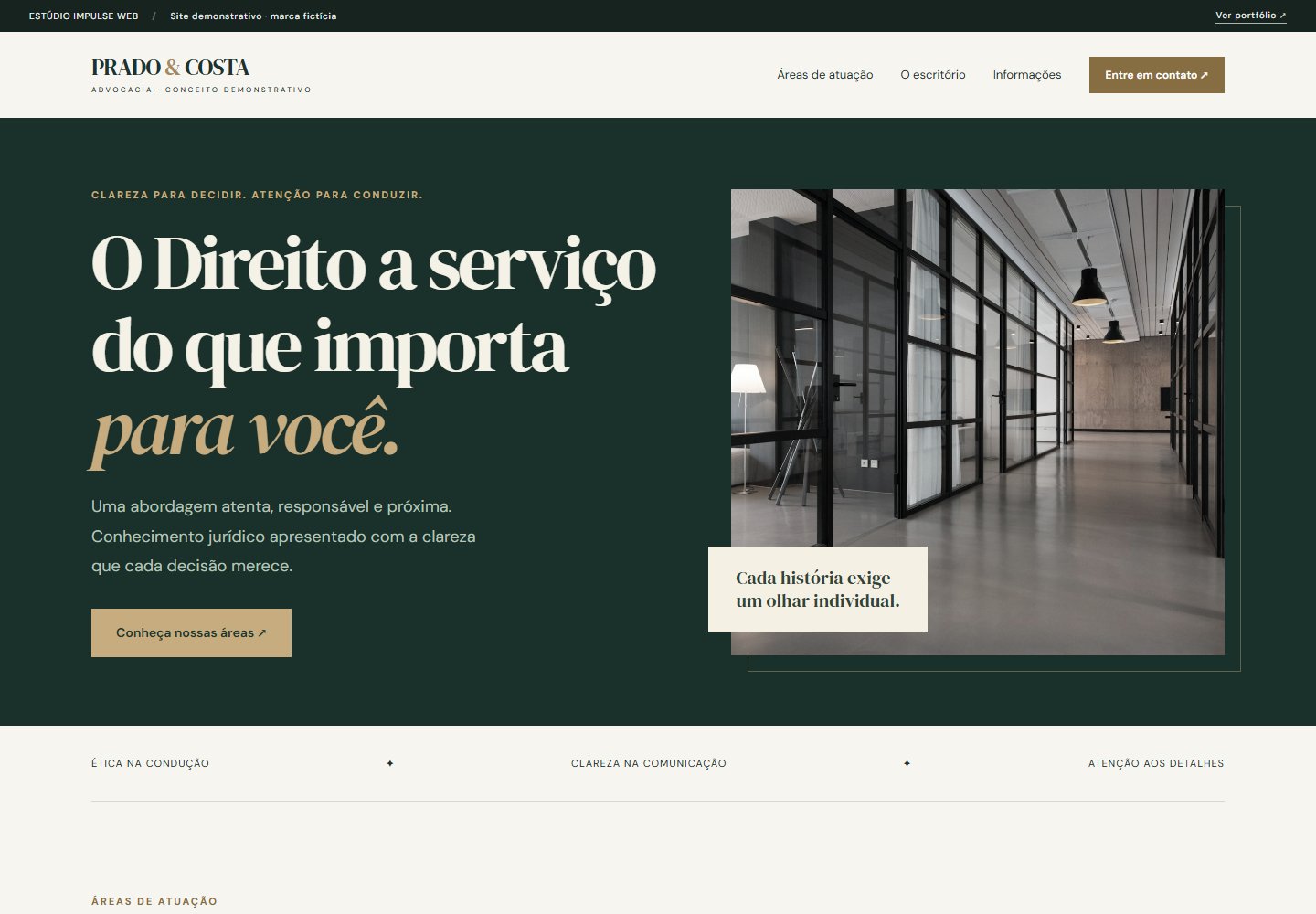 Prévia do site Prado e Costa com identidade sóbria em verde-escuro e dourado