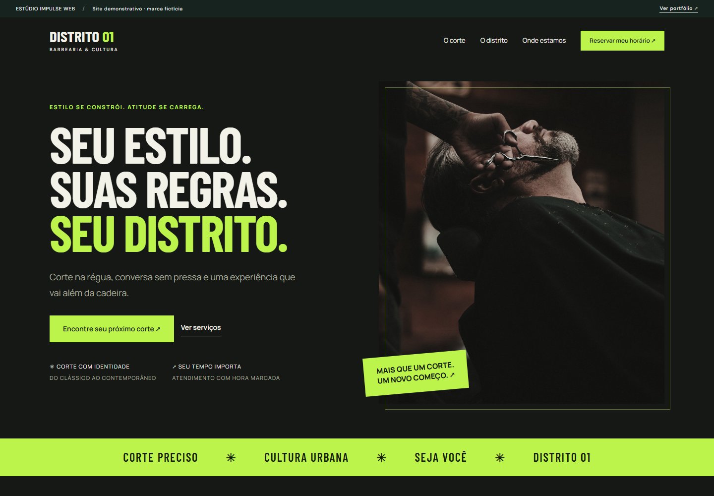 Site Distrito 01: barbearia com identidade urbana e verde-lima