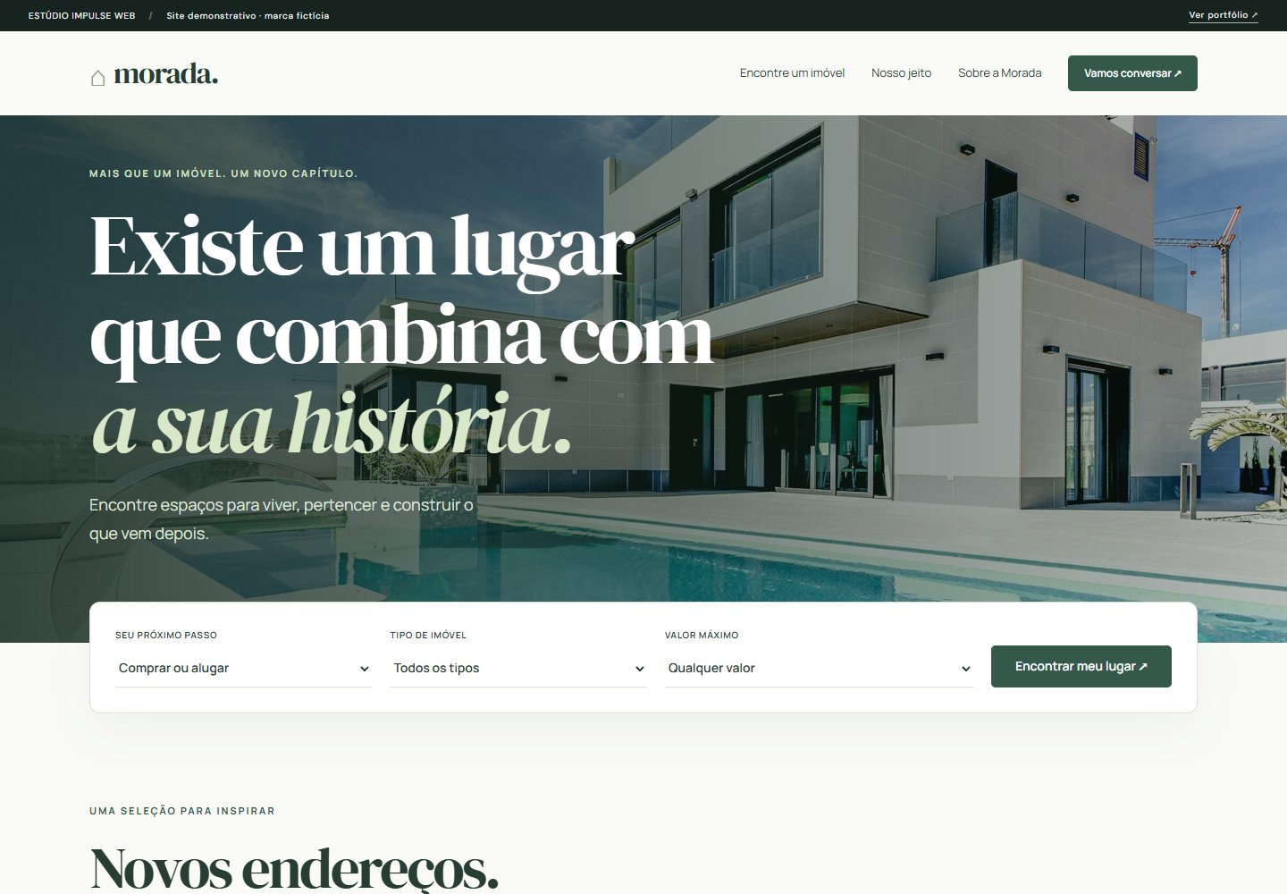 Prévia do site Morada com imóvel em destaque e formulário de busca