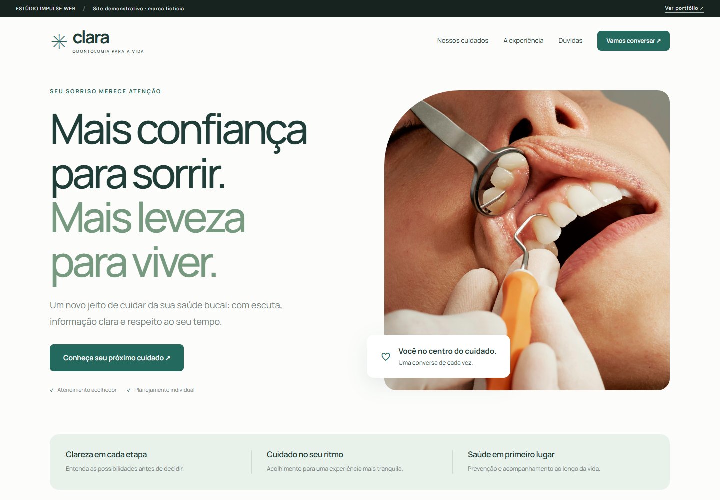 Prévia do site Clara Odontologia com visual claro e identidade em verde