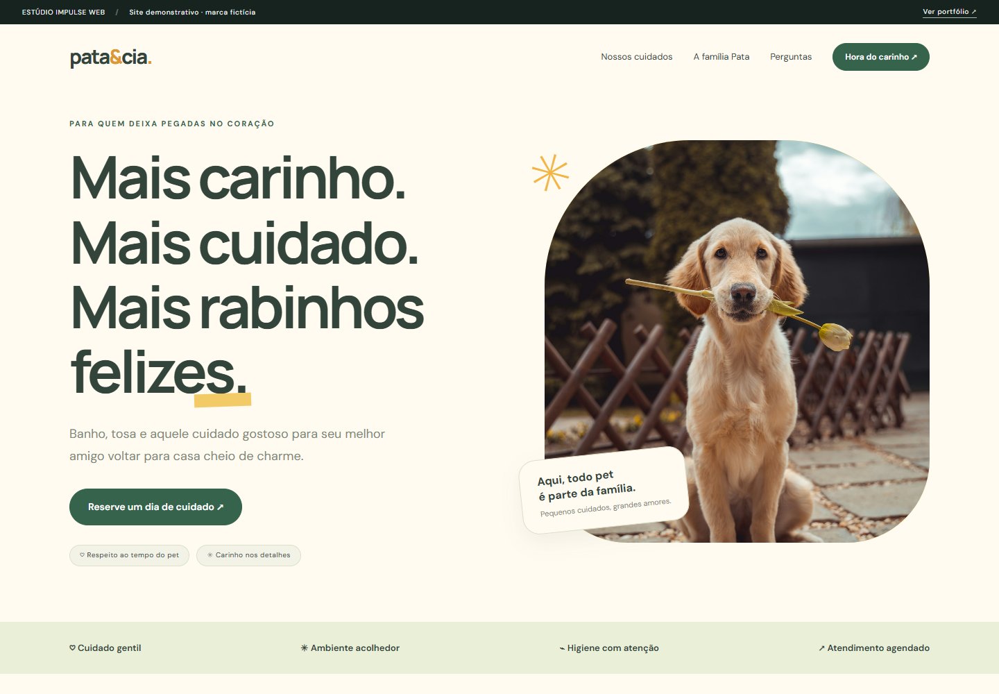 Prévia do site Pata e Cia com fotografia de cachorro e cores acolhedoras