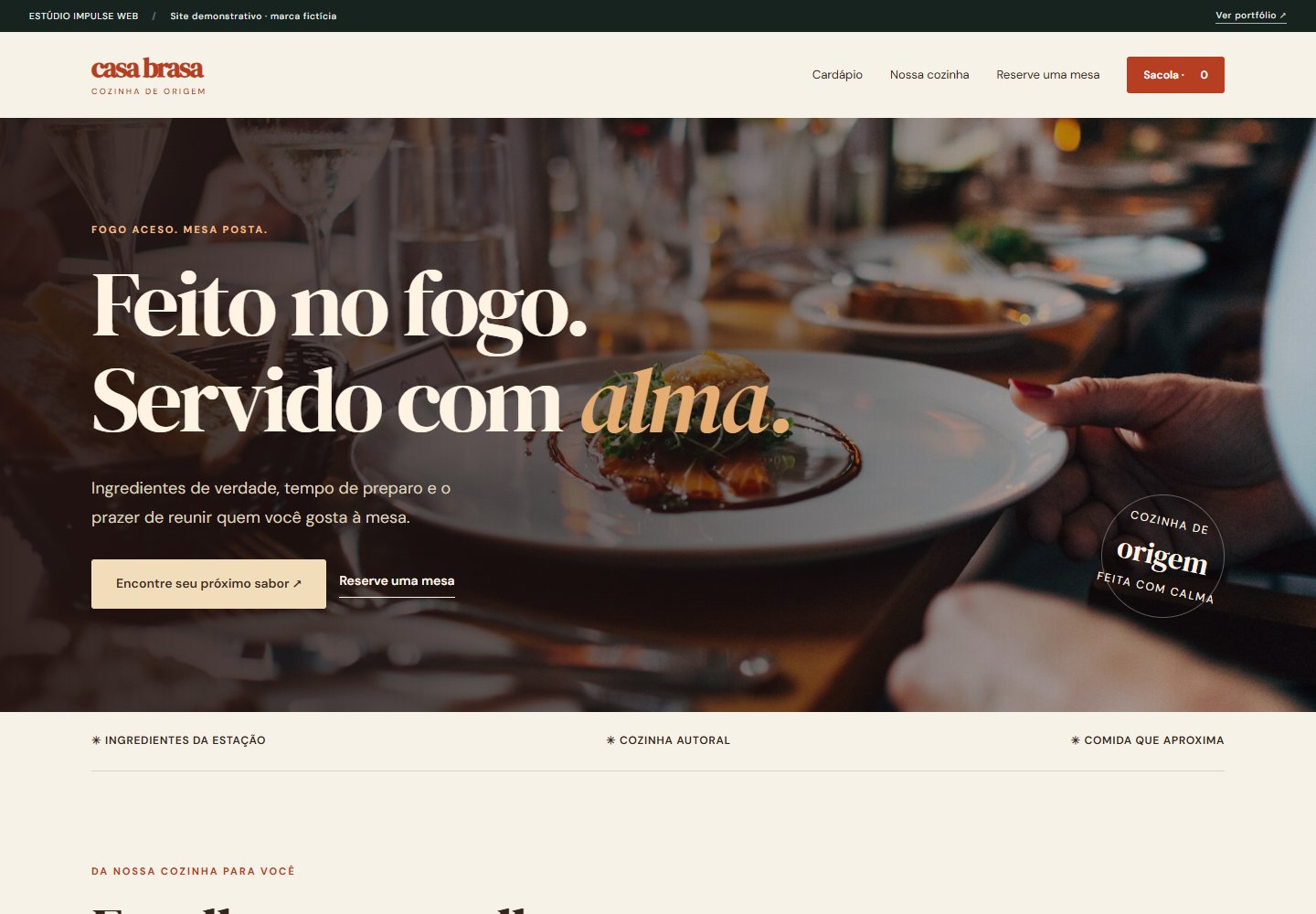 Prévia do site Casa Brasa com fotografia gastronômica e cores quentes